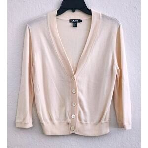 SWEATER/CARDIGAN-DKNY-Light Peach-V-Neck-Buttons-Long Sleeves-Size MED
